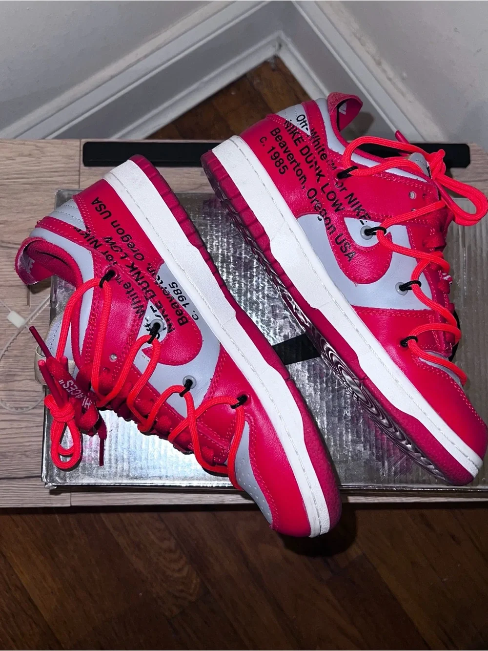 Nike Dunk Low x Off-White University Red 2019 with Double Laces